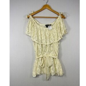 Fairycore Boho rue21 NWT Womens XL Cream Floral Lace Ruffle Tie Waist Blouse Top